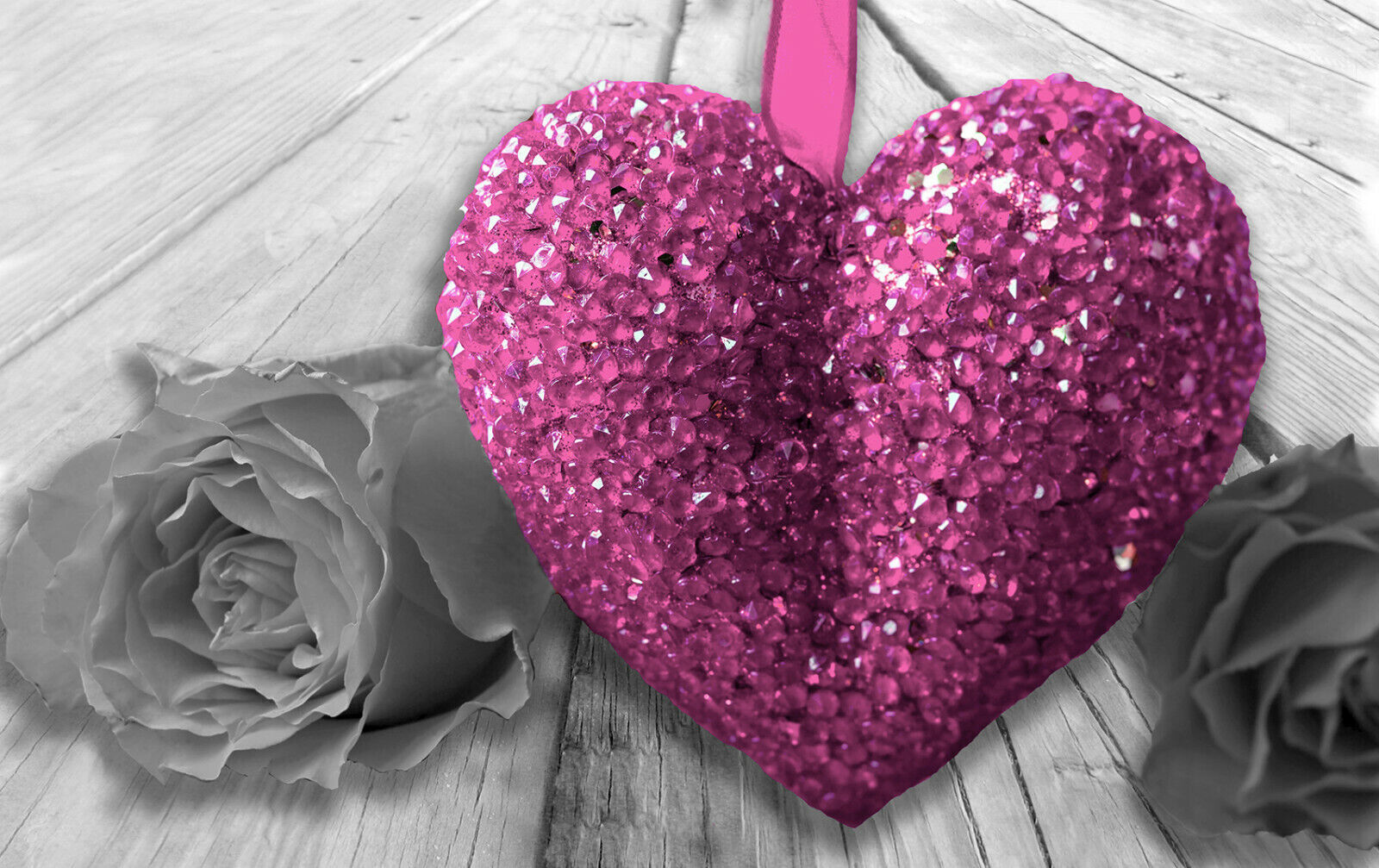 Pink Heart & Rose Flower on grey wood Canvas Wall Art Picture Print