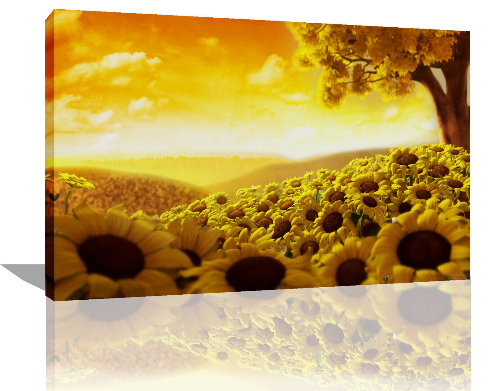 Yellow Tree and Sunflowers in Field CANVAS WALL ART Picture Print