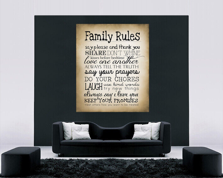 Sepia Family Rules Quote, Canvas Wall Art Picture Print ALL SIZES, ANY COLOUR