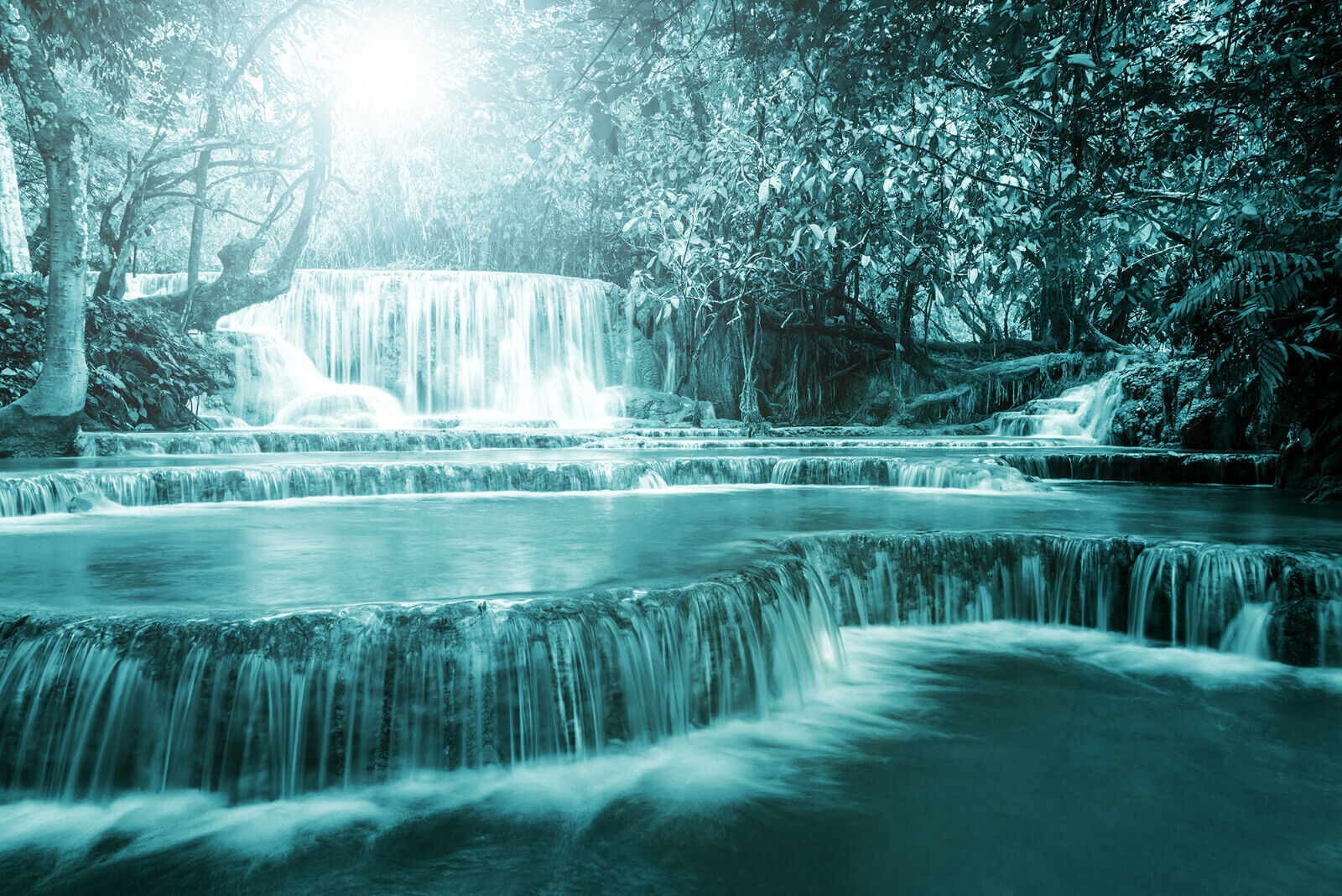 Teal Waterfall Trees Landscape Canvas Wall Art Picture Print