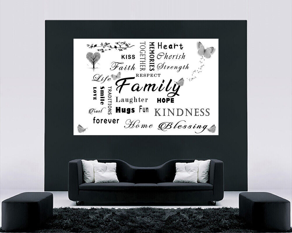 FAMILY QUOTE WORDS BLACK WHITE GREY BUTTERFLY CANVAS WALL ART Picture Print