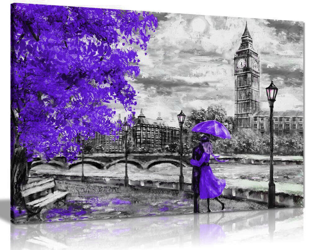 London Oil Painting  Big Ben Purple Umbrella Canvas Wall Art Picture Print
