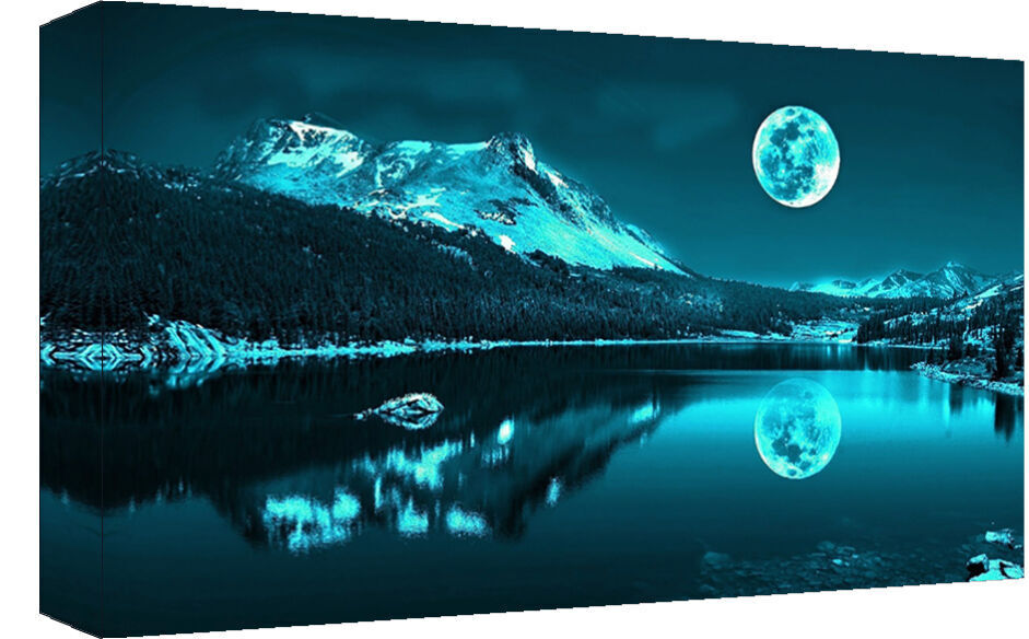 Duck Egg Blue Moonlit Lake Cotton Canvas Wall Art Picture Print - A1, A2 sizes
