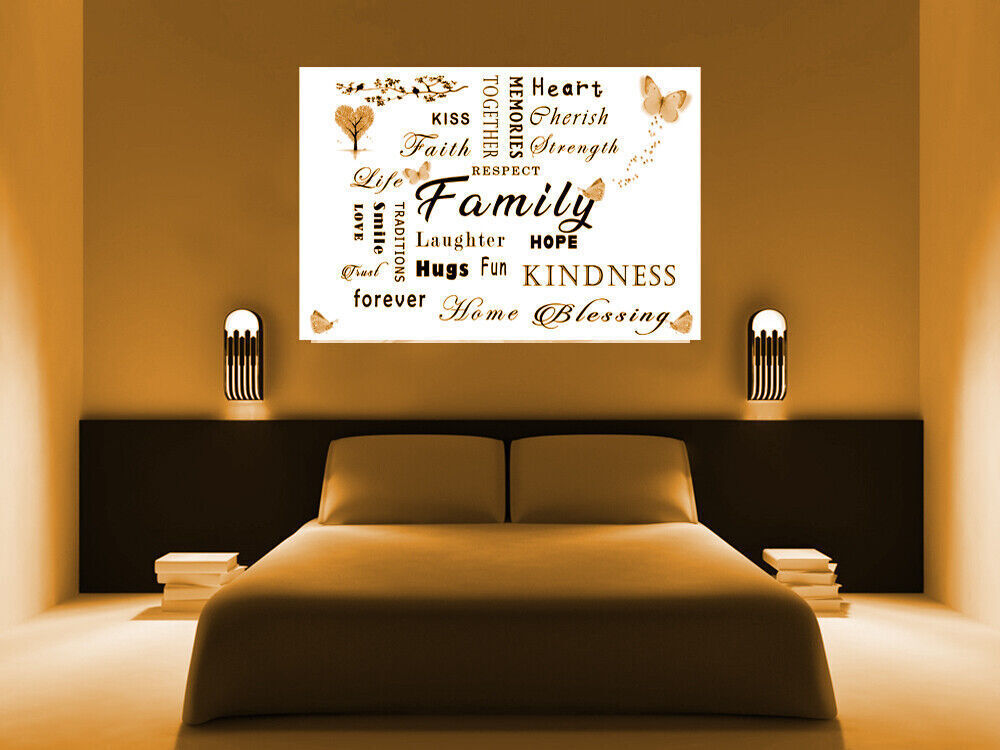 FAMILY QUOTE WORDS CREAM / SEPIA BUTTERFLY CANVAS WALL ART Picture Print