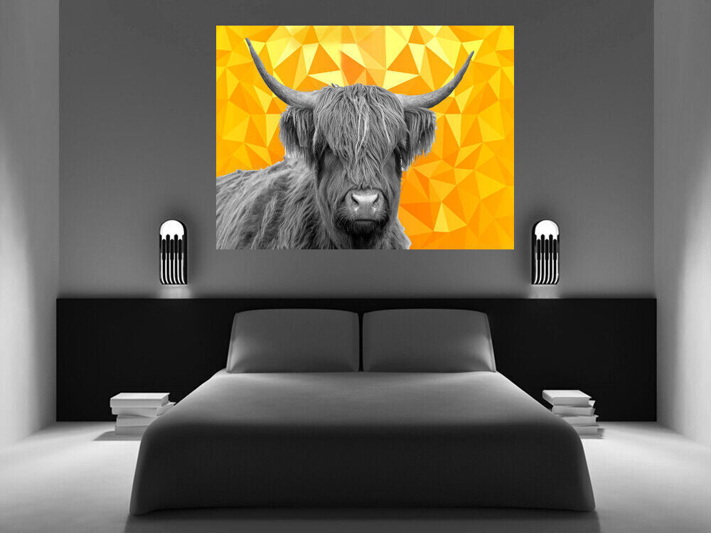 HIGHLAND COW BLACK, WHITE YELLOW / MUSTARD GEO CANVAS WALL ART PRINT ARTWORK