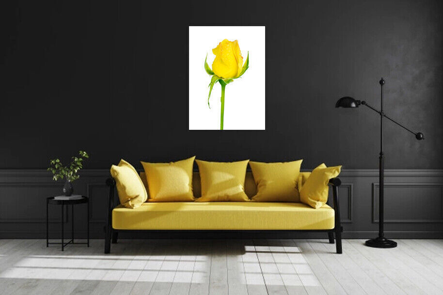 Single Yellow Rose Bud Flower Canvas Wall Art Picture Print - Portrait
