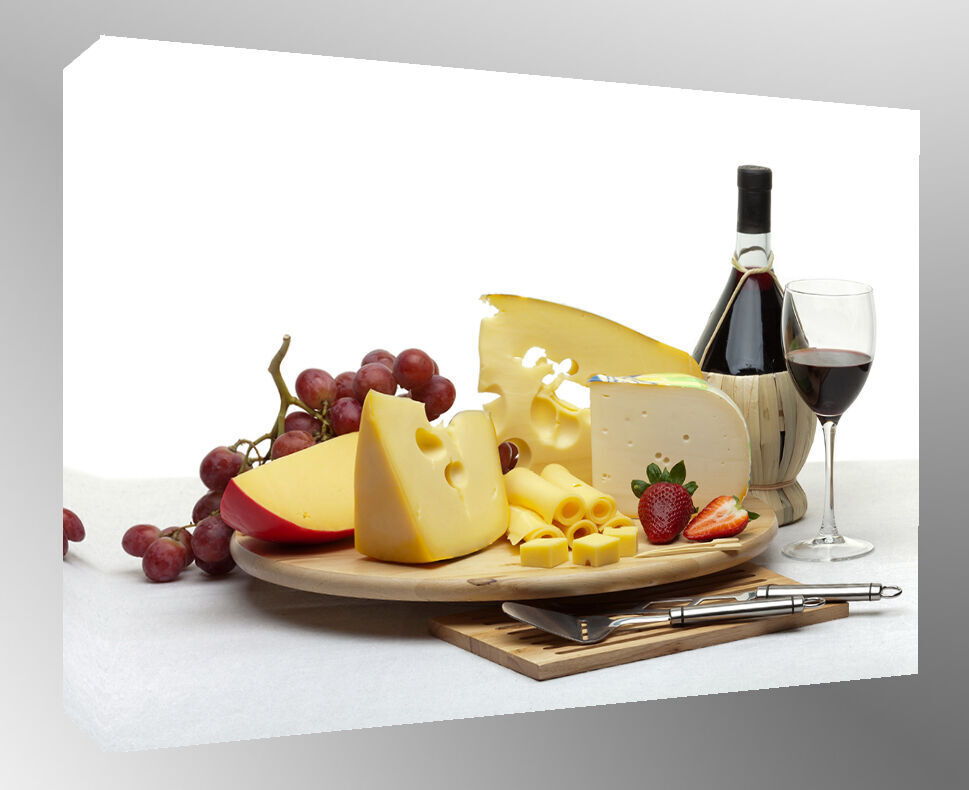 Cheese, Wine & Grapes Cotton Canvas Kitchen Wall Art Picture -A1, A2, A0 sizes