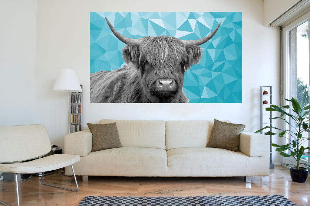 HIGHLAND COW BLACK, WHITE DUCK EGG BLUE GEO CANVAS WALL ART PRINT ARTWORK