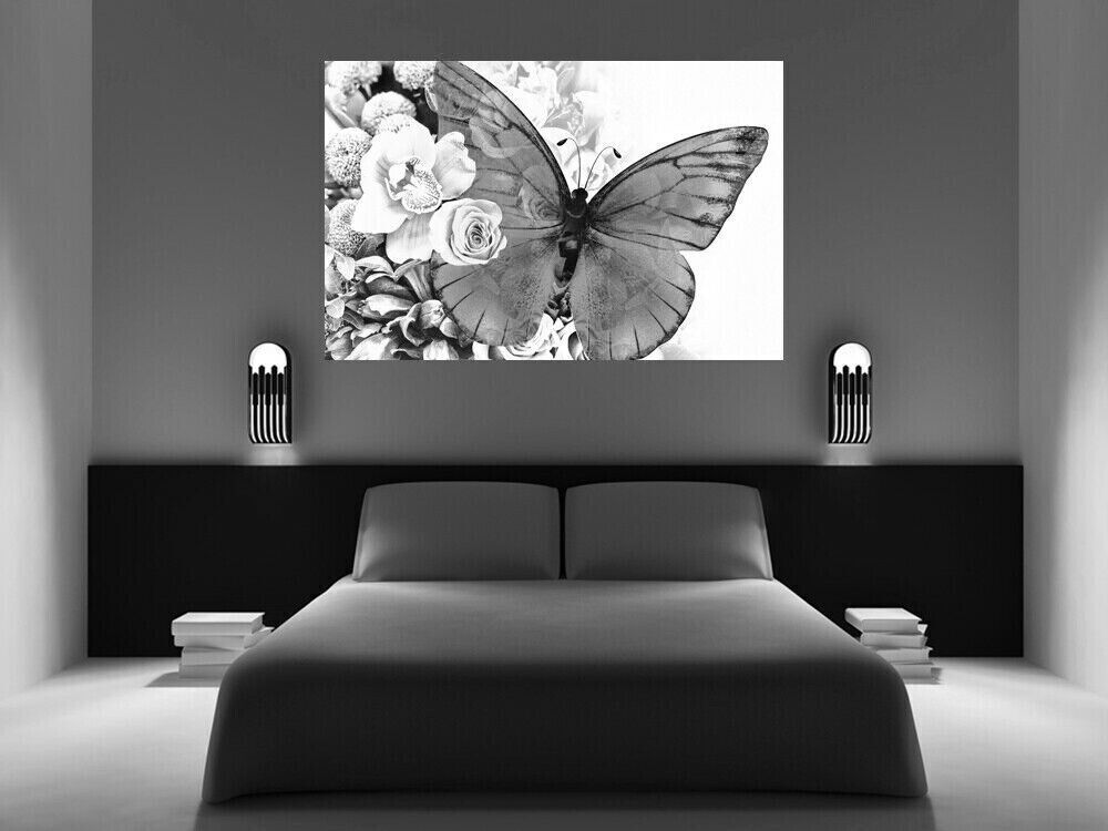 Black & White butterfly floral abstract background Canvas Wall Art Picture Print