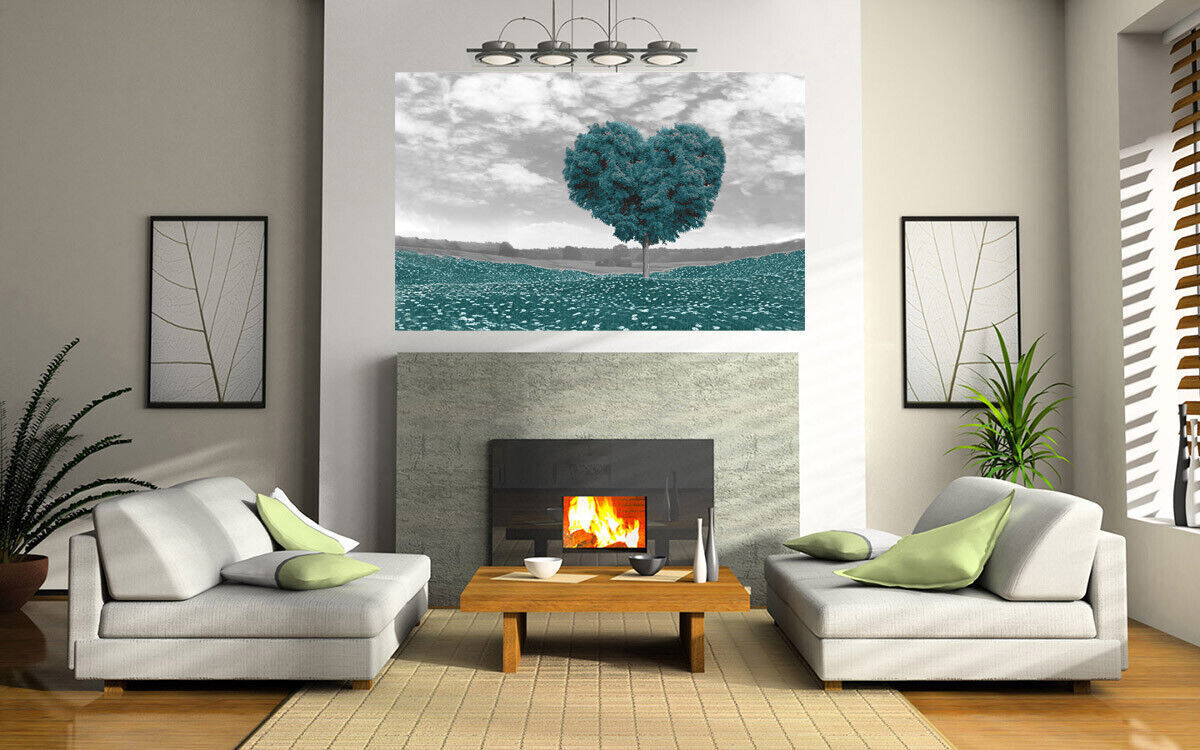 Duck Egg Blue Love Heart Tree Landscape Canvas Wall Art Picture Print