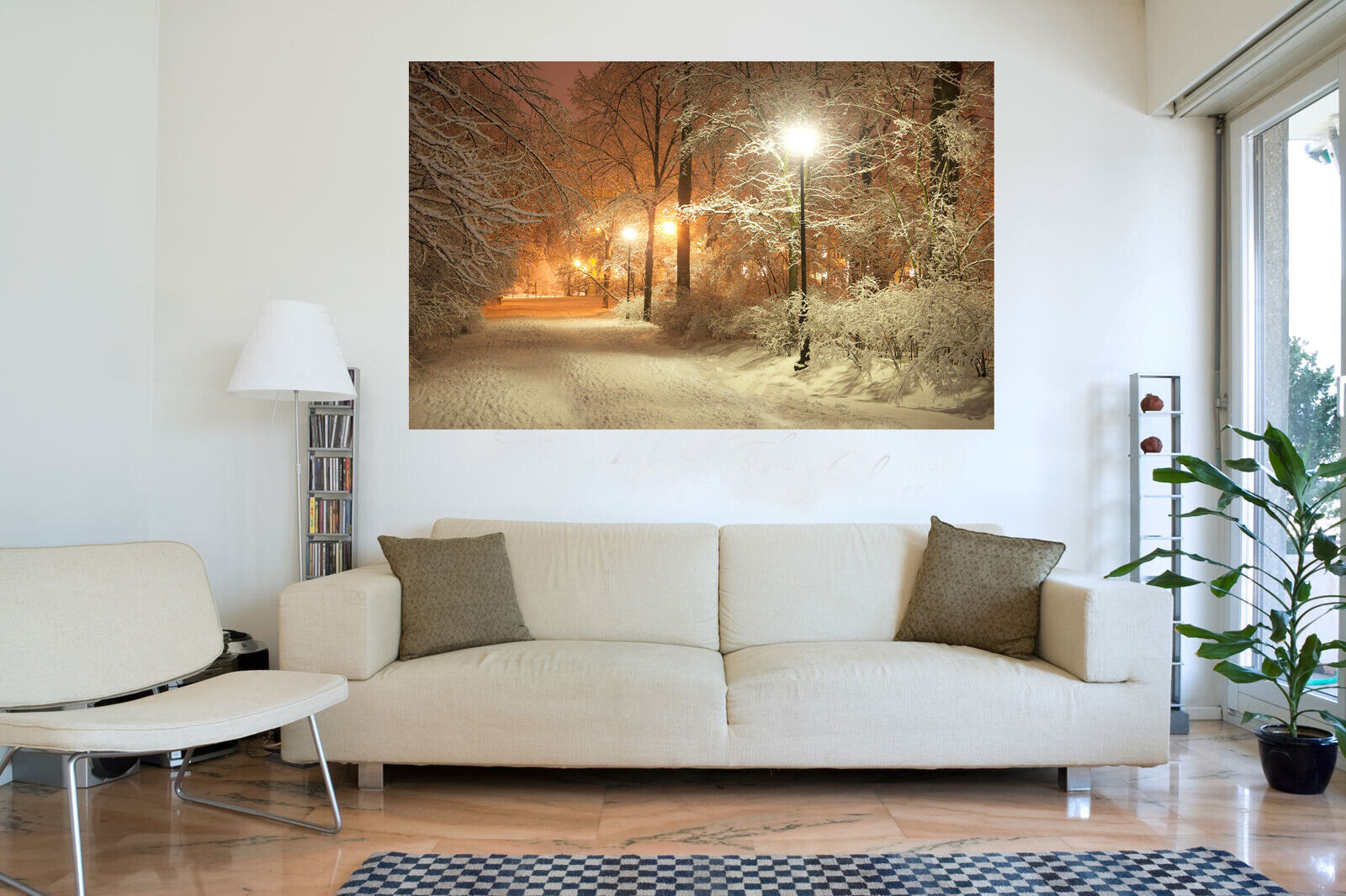 Warm Winters Night Snow Scene Landscape Canvas Wall Art Picture Print