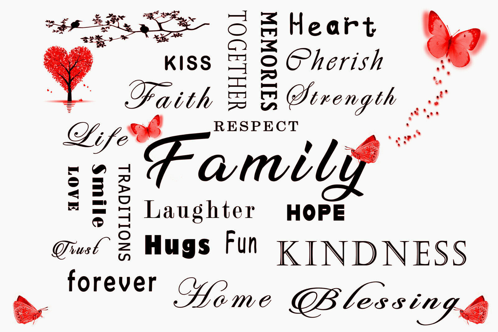 FAMILY QUOTE WORDS RED BUTTERFLY CANVAS WALL ART Picture Print