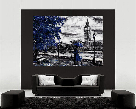 Navy Blue Oil Painting London Big Ben Umbrella Canvas Wall Art Picture Print