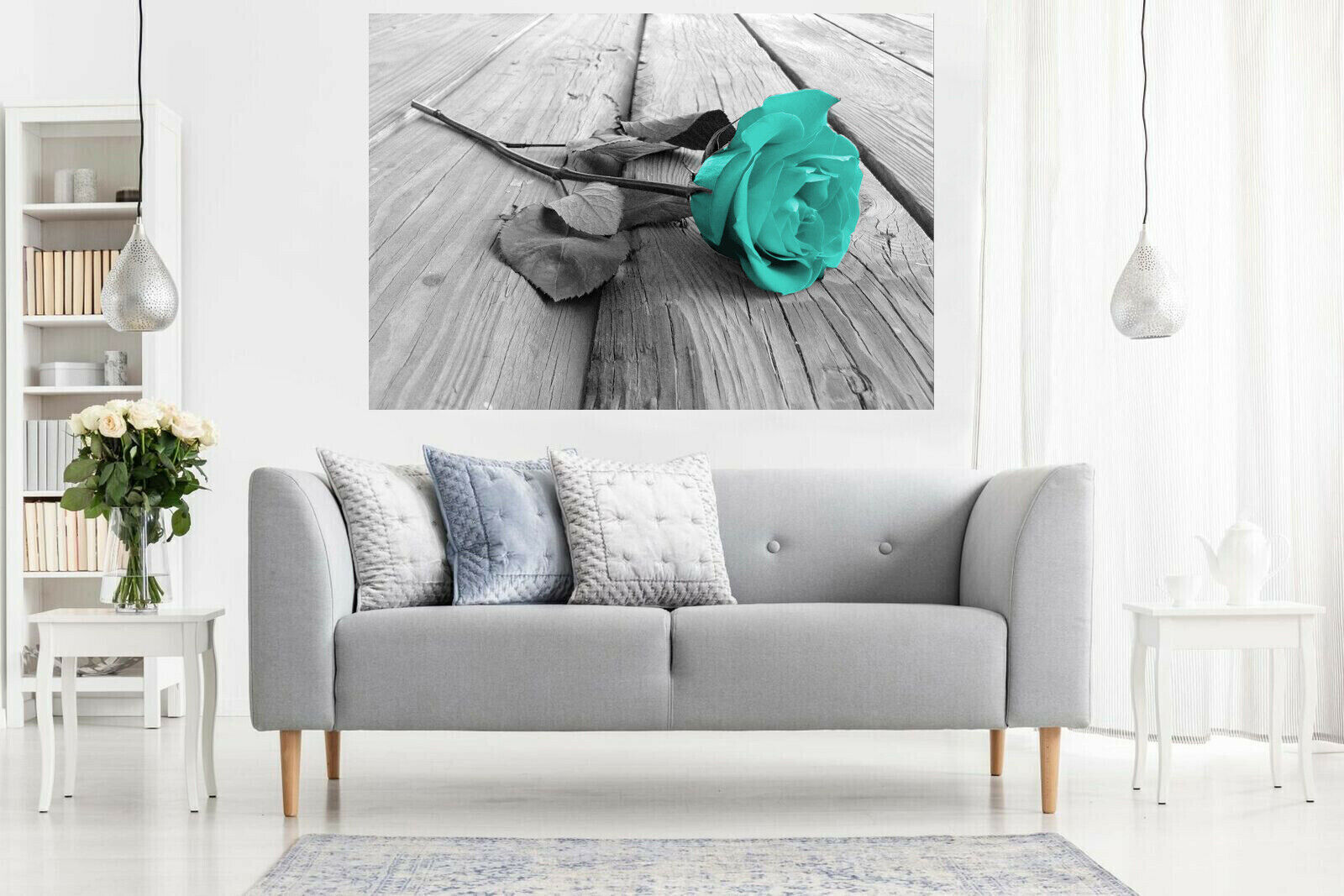 Large Duck Egg Blue and Grey Rose Flower Canvas Wall Art Picture Print