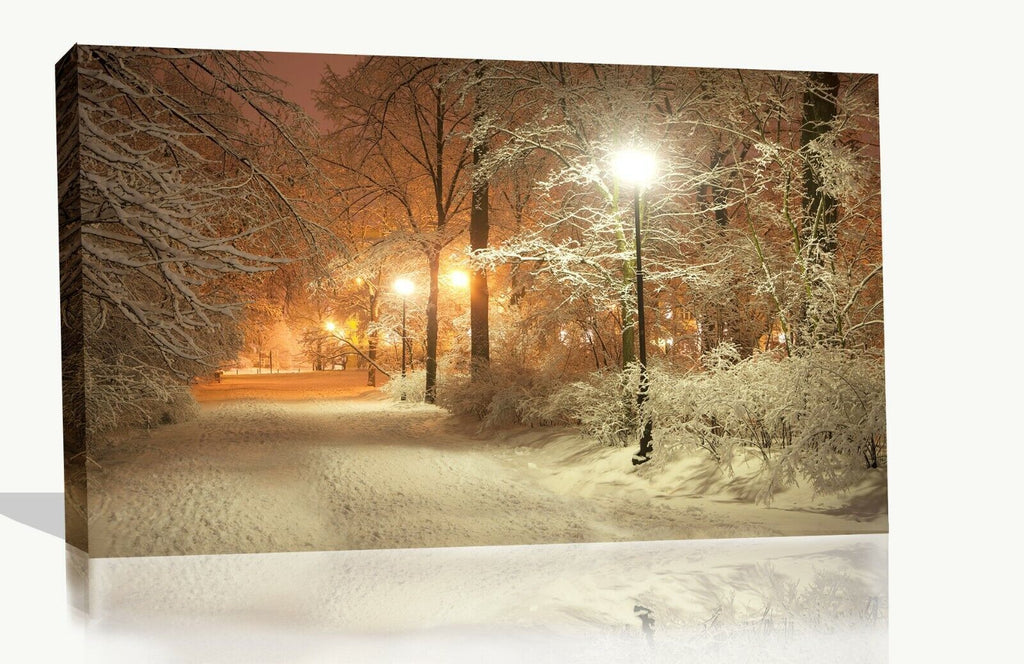 Warm Winters Night Snow Scene Landscape Canvas Wall Art Picture Print
