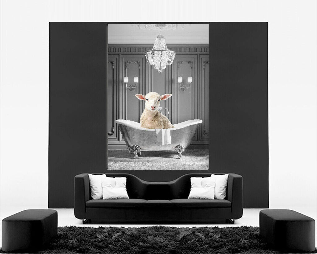 Animal Lamb bathing in bathtub Canvas Wall Art Picture Print