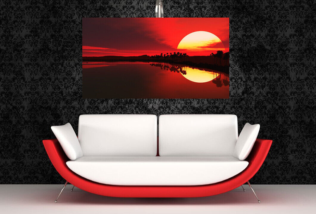LARGE RED SEA SUNSET CANVAS PICTURE WALL ART 40" x 25" (101cm x 63cm)