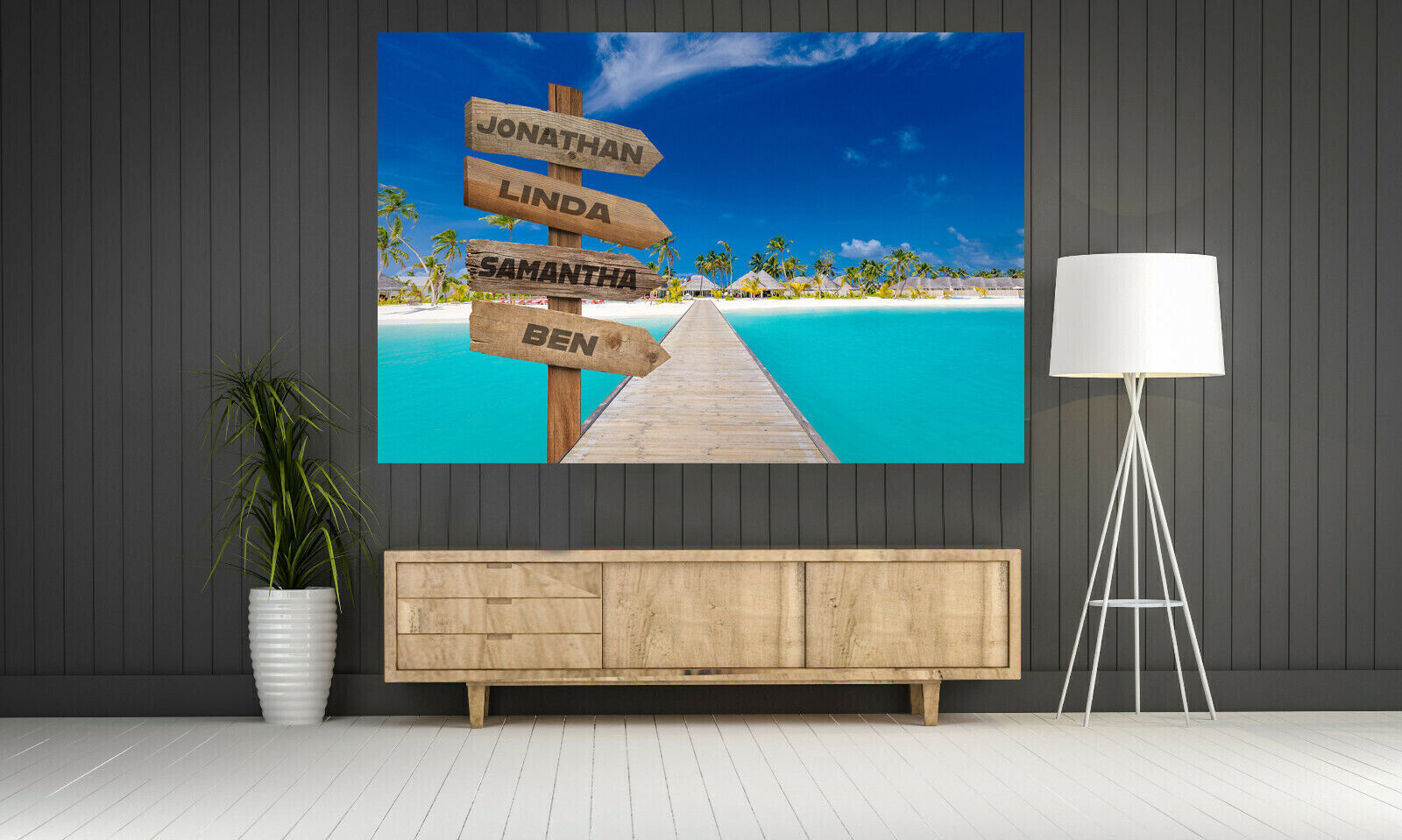 Custom Names Personalised Sign Pier over Maldives Sea Canvas Wall Art Print