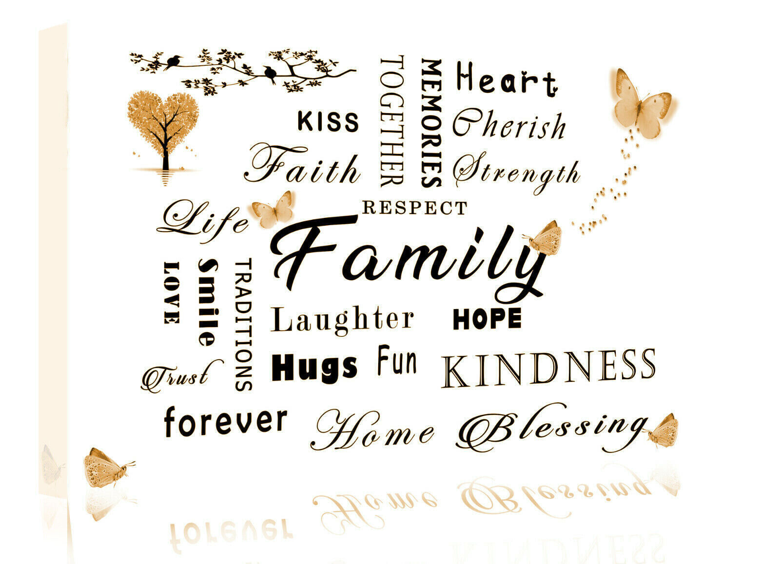 FAMILY QUOTE WORDS CREAM / SEPIA BUTTERFLY CANVAS WALL ART Picture Print