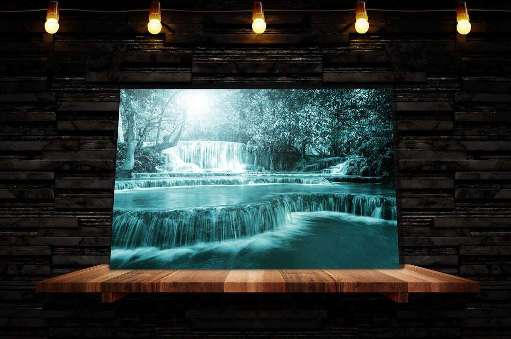 Teal Waterfall Trees Landscape Canvas Wall Art Picture Print