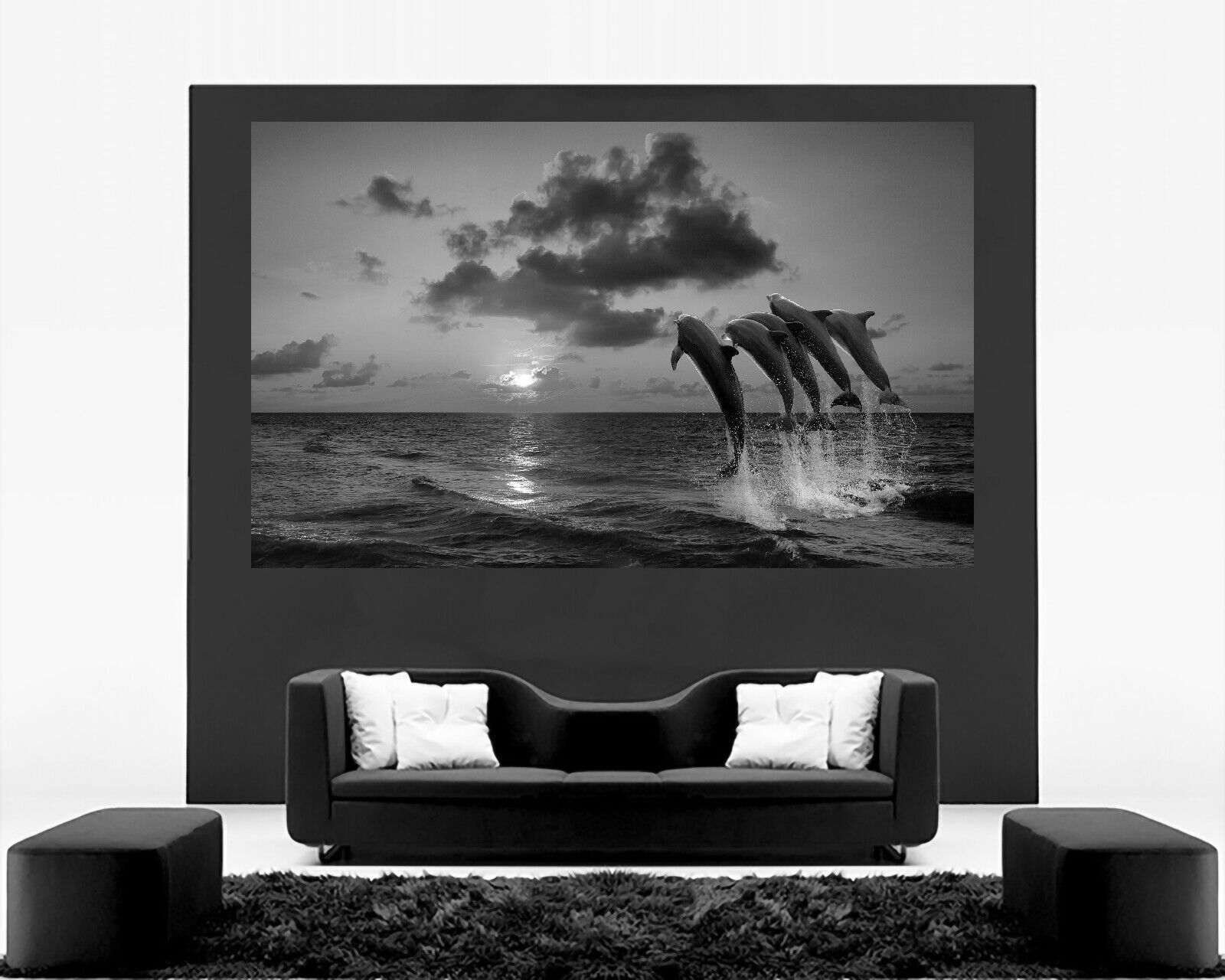 Black & White Sunset With Dolphins Jumping in Sea Canvas Wall Art Picture Print