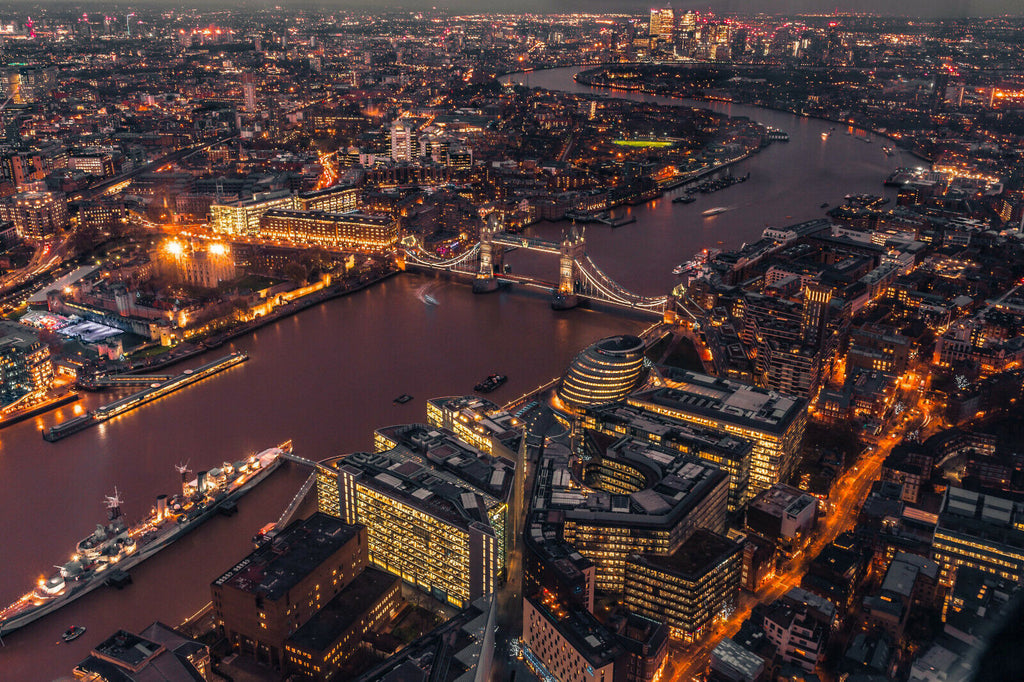 London city lights at night with bridge and river Canvas Wall Art Picture Print