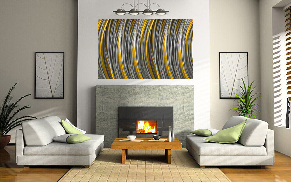 Grey Yellow / Mustard Stripes Modern Abstract Canvas Wall Art Picture Print