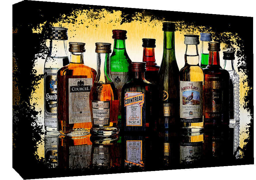 Grunge Alcohol / Spirit Bottles Cotton Canvas Wall Art Picture Print - All Sizes