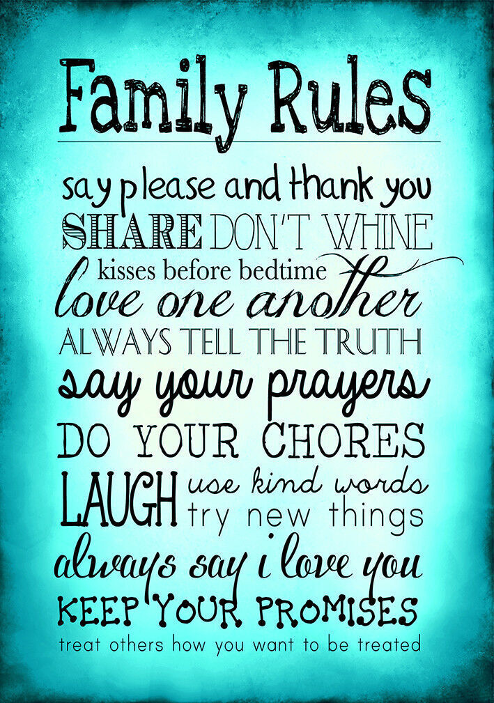 Teal Family Rules Quote, Canvas Wall Art Print Picture ALL SIZES, ANY COLOUR