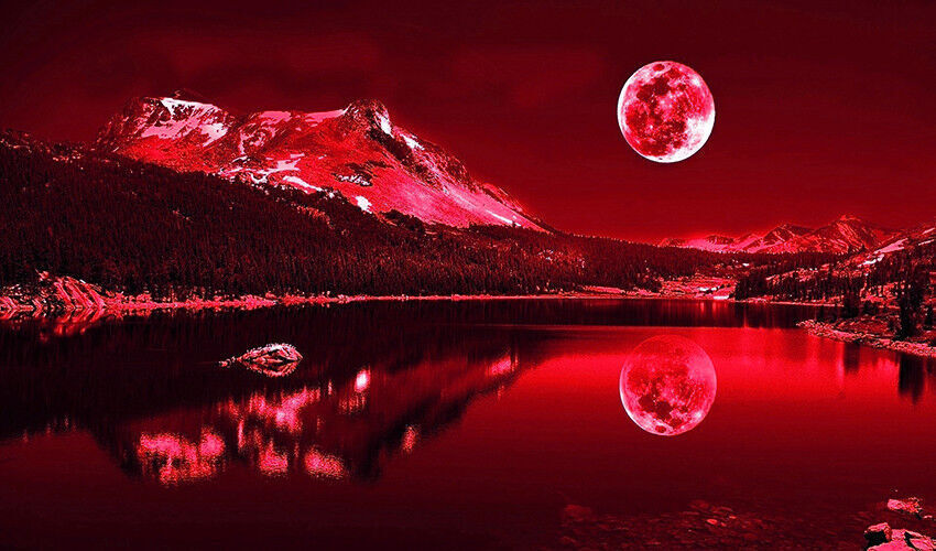 Red Tones Moonlit Lake Cotton Canvas Wall Art Picture Print - A1, A2 sizes