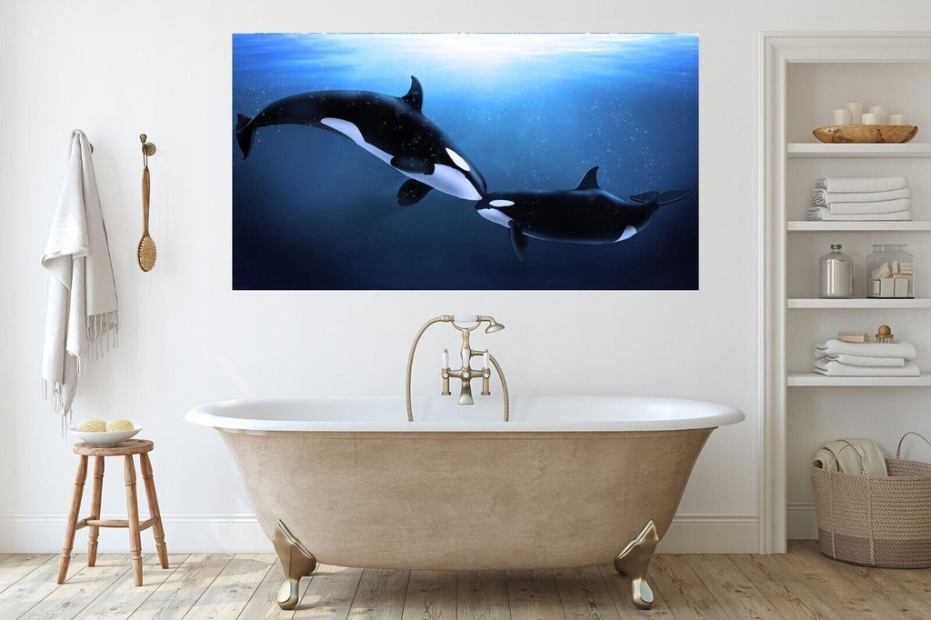 Kissing Whales in Sunlit Ocean Blue Canvas Wall Art Picture Print