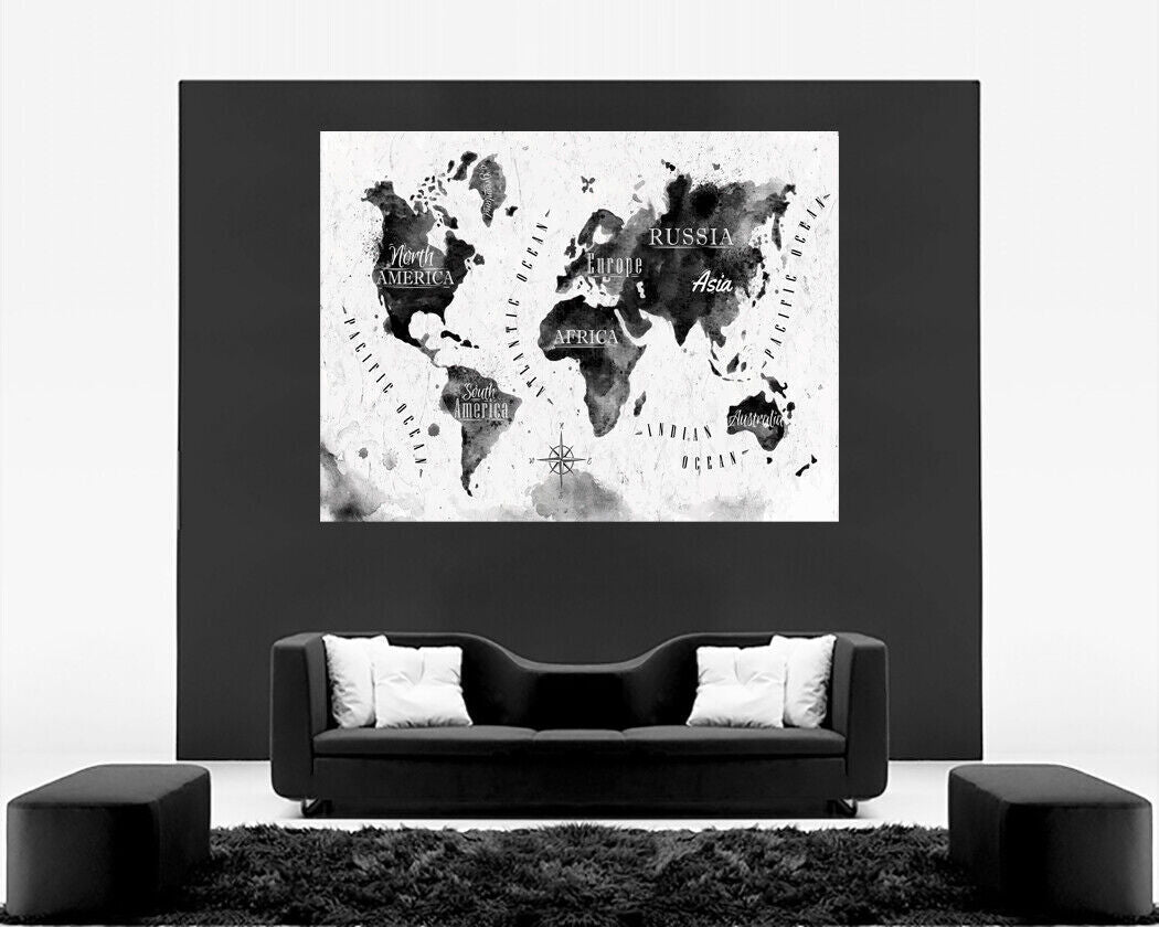 Watercolour Black Grey Abstract World Map Canvas Wall Art Picture Print