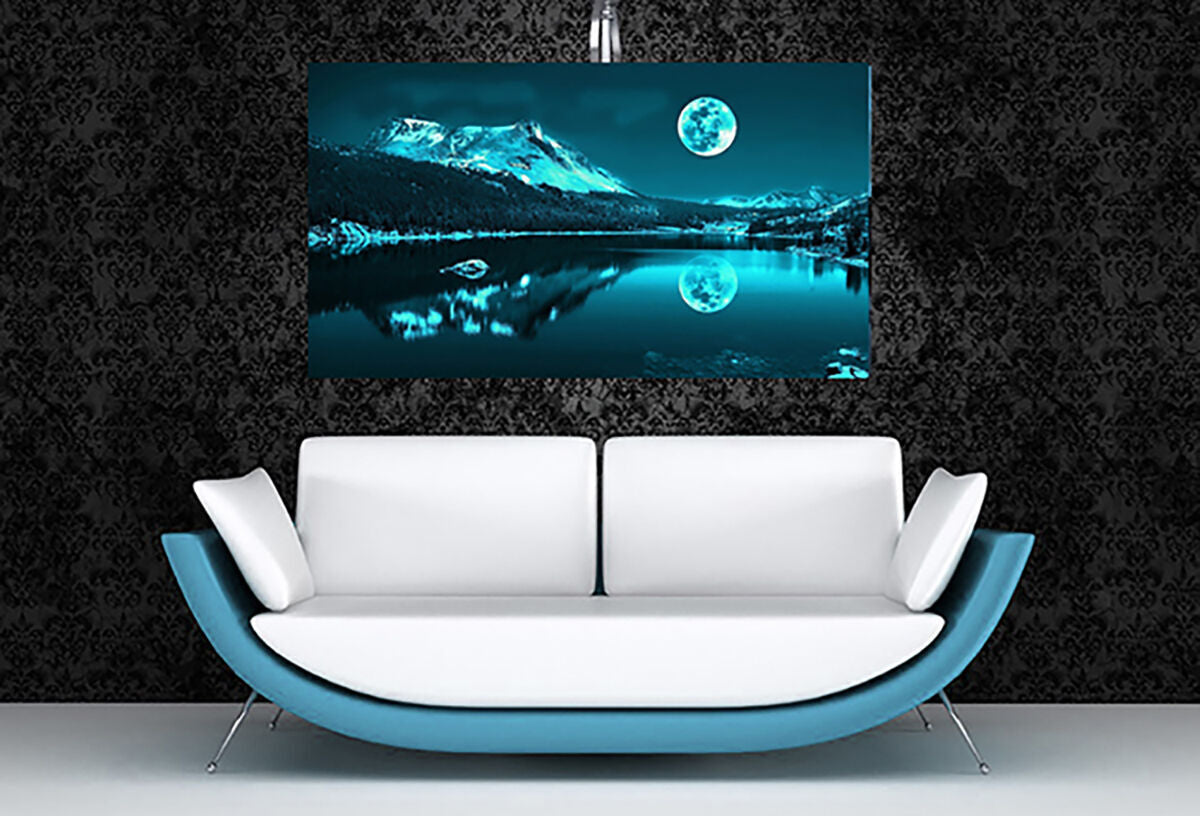 Duck Egg Blue Moonlit Lake Cotton Canvas Wall Art Picture Print - A1, A2 sizes
