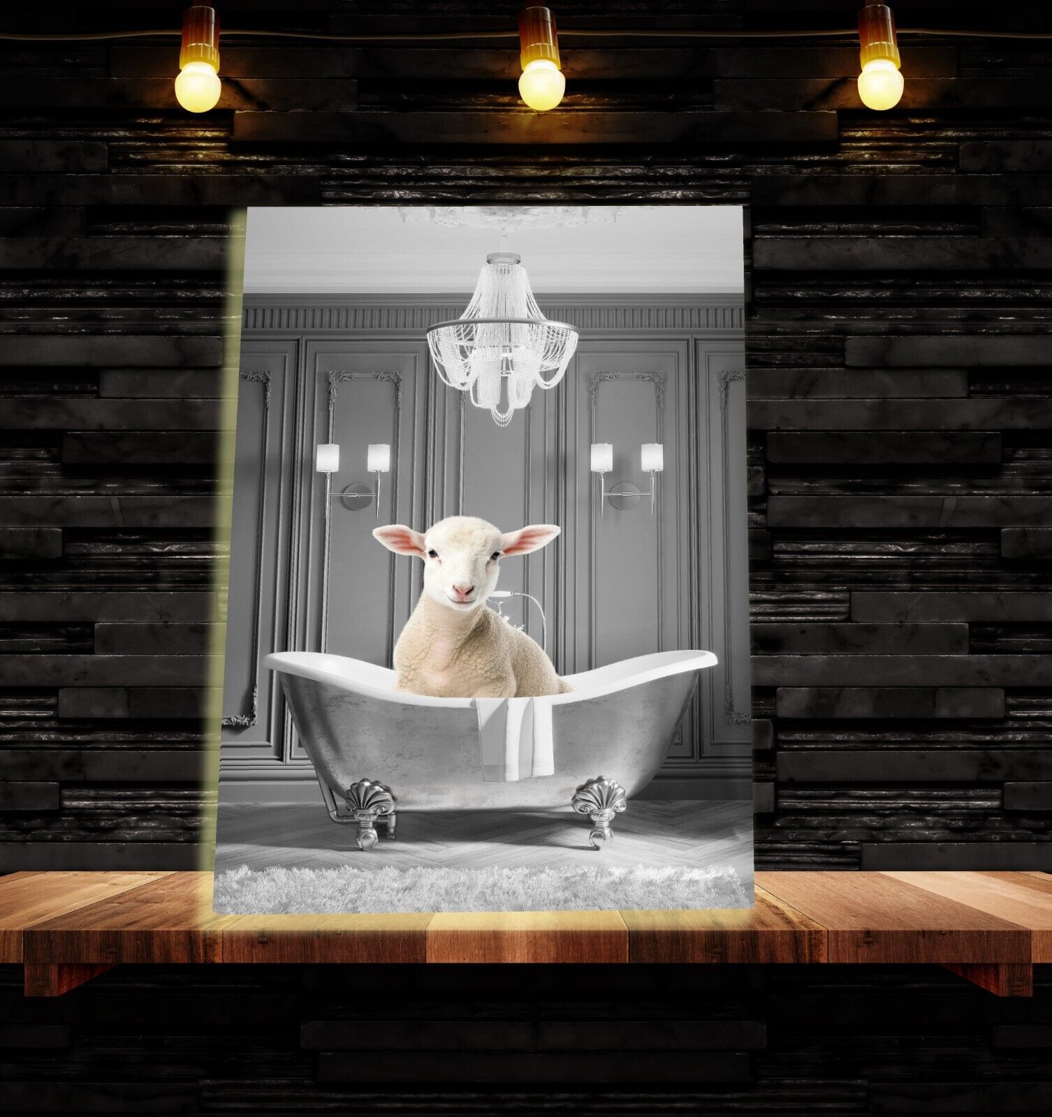 Animal Lamb bathing in bathtub Canvas Wall Art Picture Print