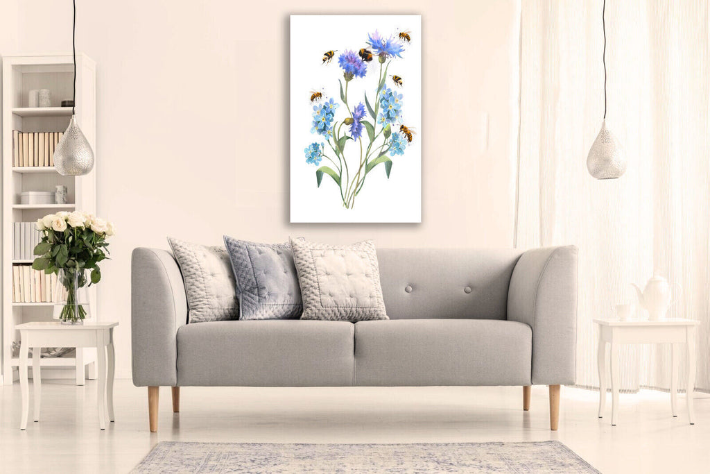 Watercolor Blue Forget Me Not Flowers and Bees Canvas Wall Art Picture Print