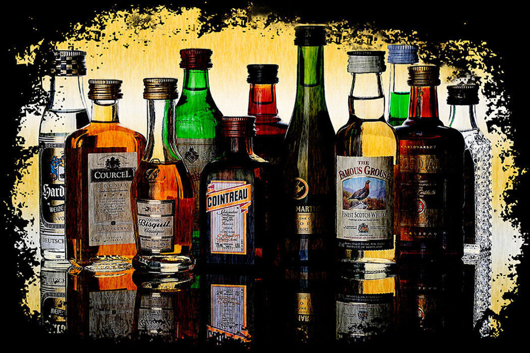 Grunge Alcohol / Spirit Bottles Cotton Canvas Wall Art Picture Print - All Sizes