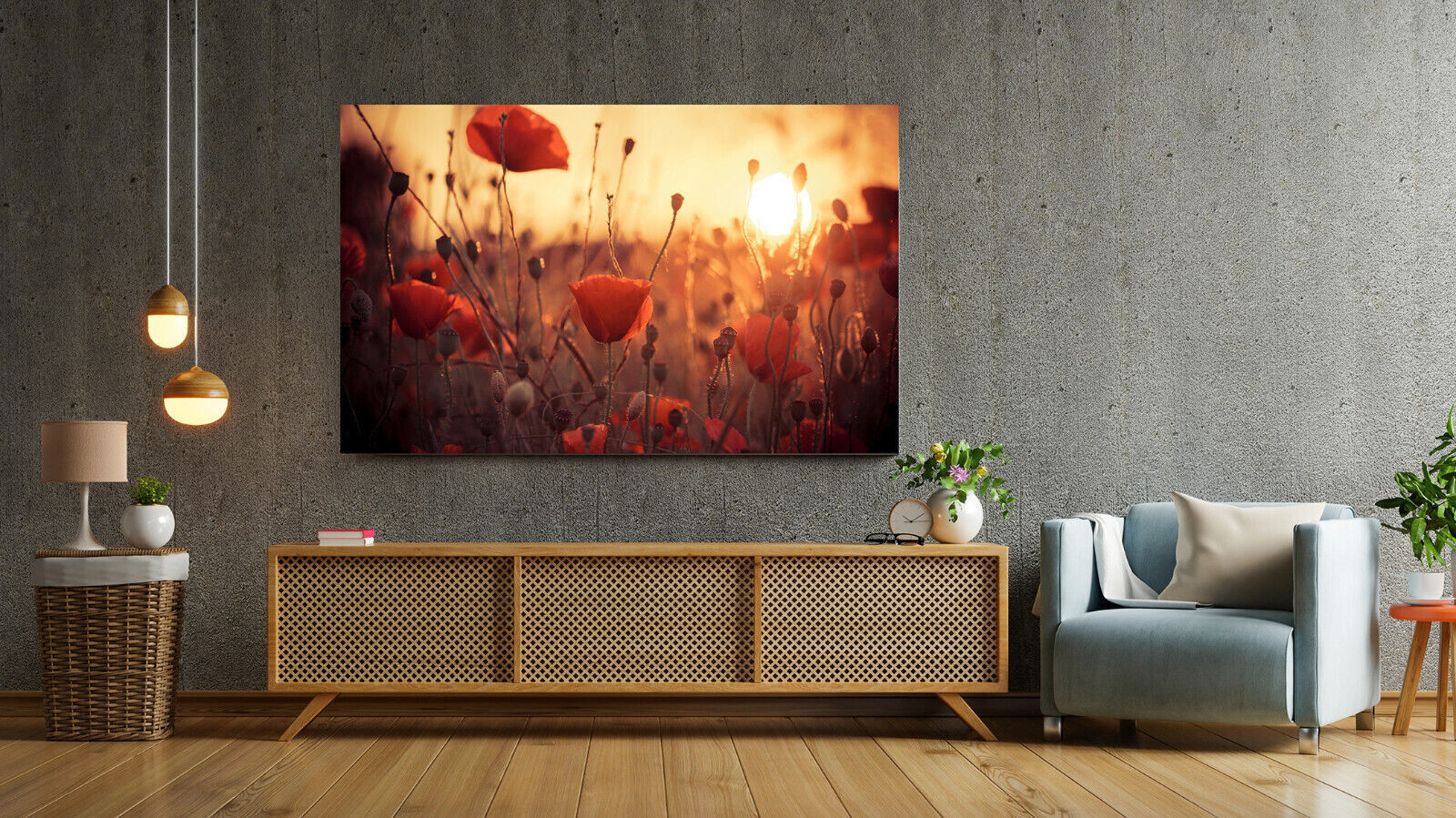Poppy Flowers in Sunset Cotton Canvas Wall Art Picture Print - A1, A2 sizes
