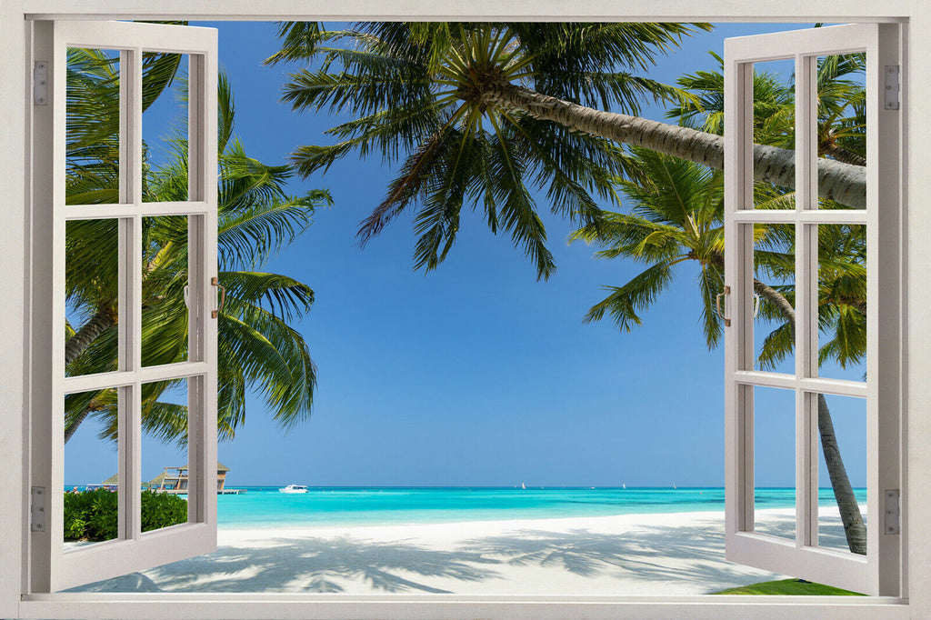 Maldives Tropical Beach View 3D Window Effect Canvas Wall Art Picture Print