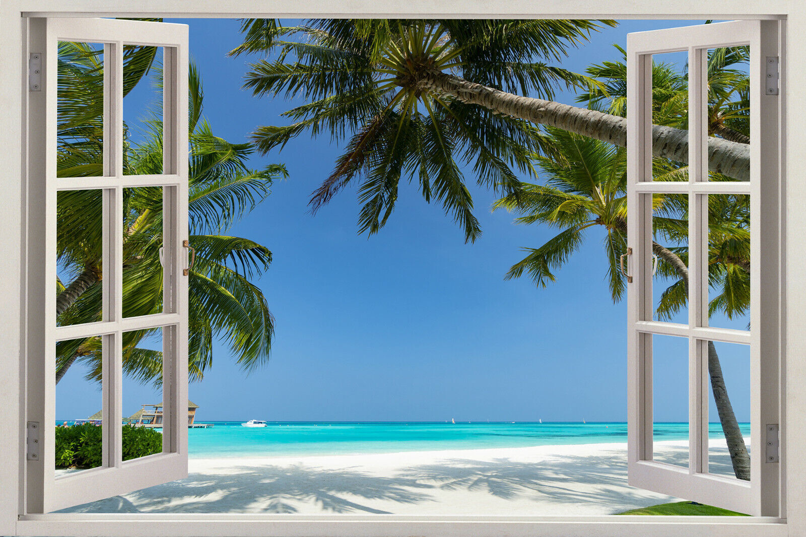 Maldives Tropical Beach View 3D Window Effect Canvas Wall Art Picture Print