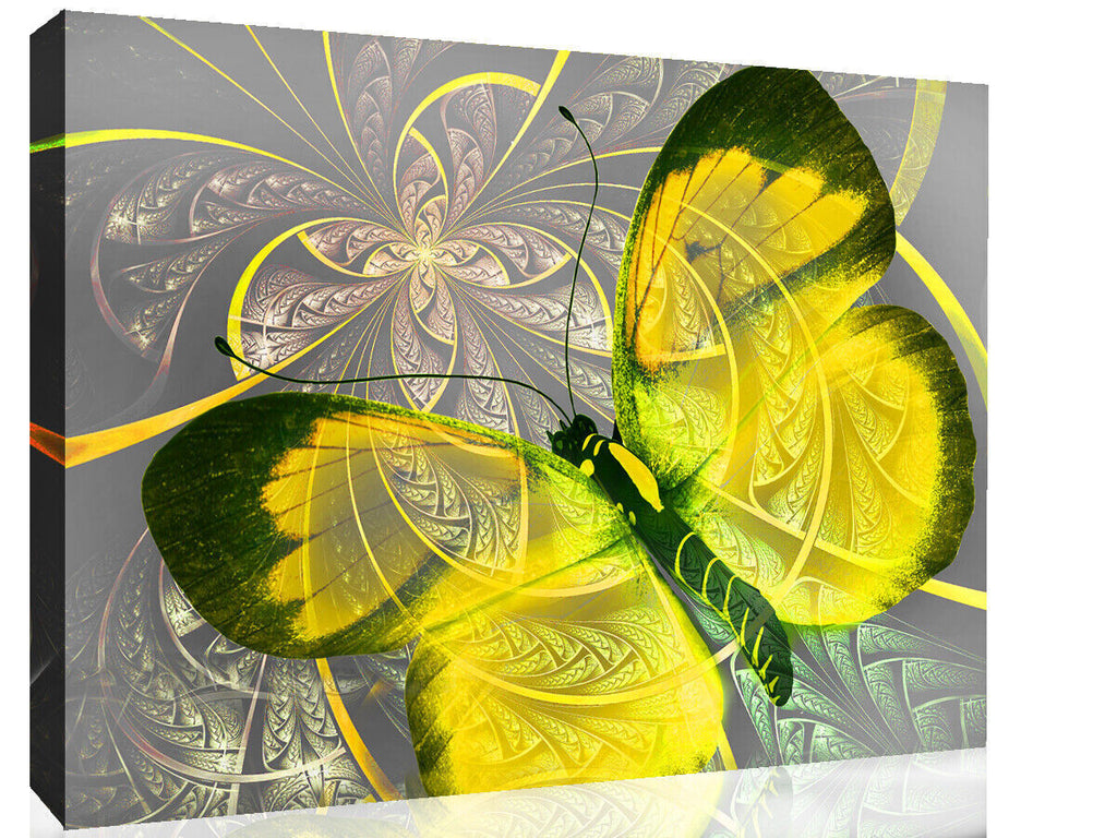 Abstract Canvas Print Floral Butterfly Yellow Grey Unique Wall Art Various Sizes