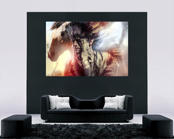 Native American Indian Chief Warrior  Horse Canvas wall art print picture