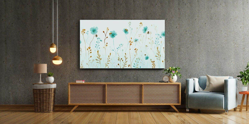 Duck Egg Blue Watercolor Floral Flowers and Bees Canvas Wall Art Picture Print