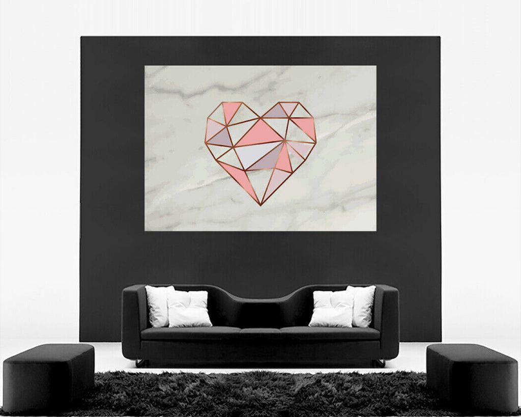 Geometric Rose Gold / Pink Heart on Grey Marble Canvas Wall Art Picture Print