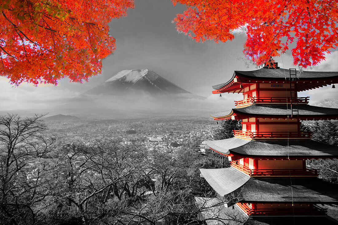 Japanese Temple In Autumn Black White Red Canvas Wall Art Picture Print