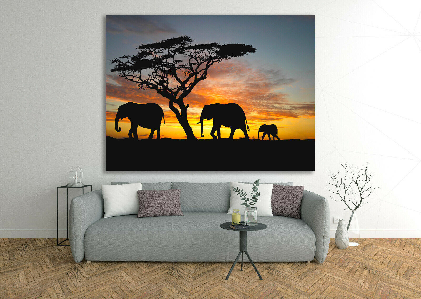 Elephants In The Sunset Africa Landscape  Canvas Wall Art Picture Print