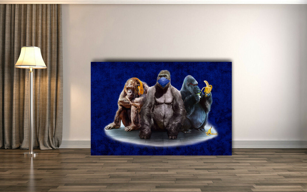 Navy Blue 3 Modern Wise Gorillas Abstract Canvas Wall Art Picture Print