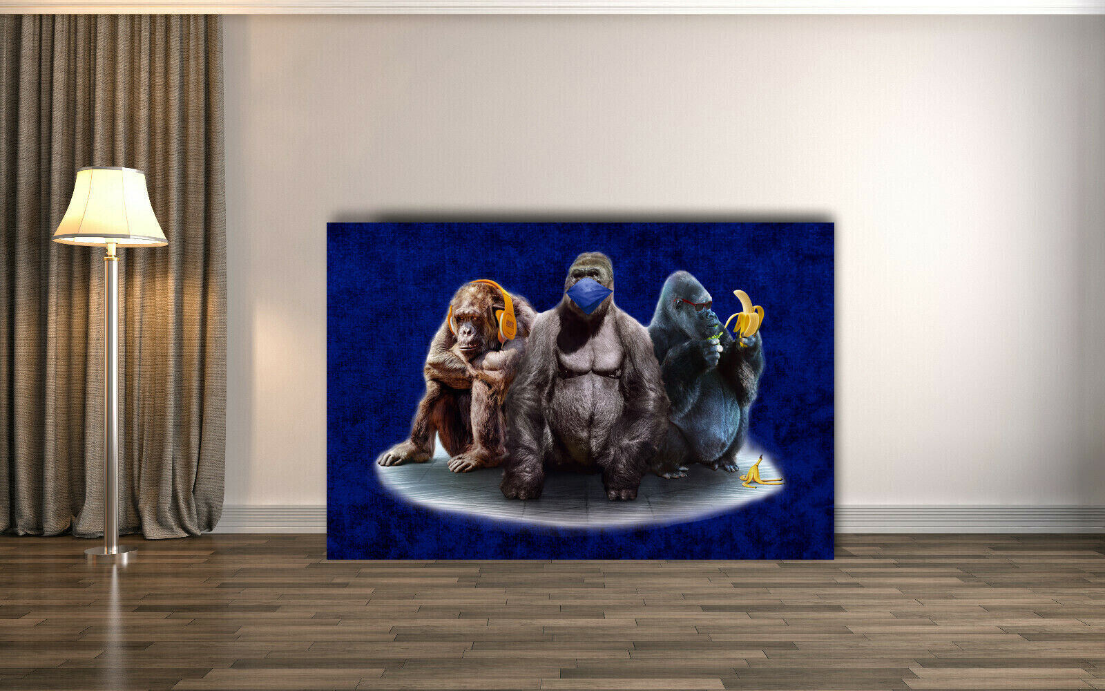 Navy Blue 3 Modern Wise Gorillas Abstract Canvas Wall Art Picture Print