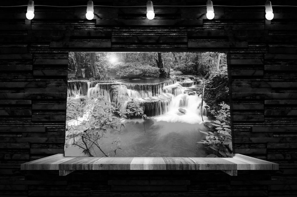 Black White & Grey Waterfall Trees Landscape Canvas Wall Art Picture Print