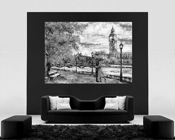 Black & White London Oil Painting Big Ben Umbrella Canvas Wall Art Picture Print