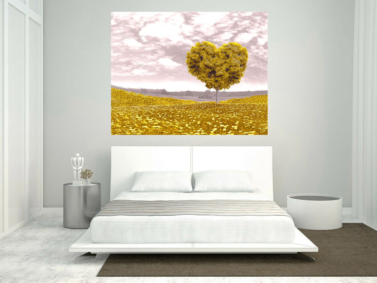 Yellow / Mustard Love Heart Tree Landscape Canvas Wall Art Picture Print
